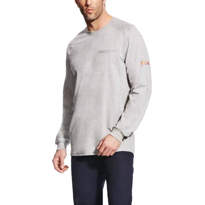 ARIAT - FR AIR CREW LONG SLEEVE T-SHIRT - Light Weight Crew with Chest Pocket and Velcro Closure Rib-knit Collar and Cuffs - Silver Fox Heather