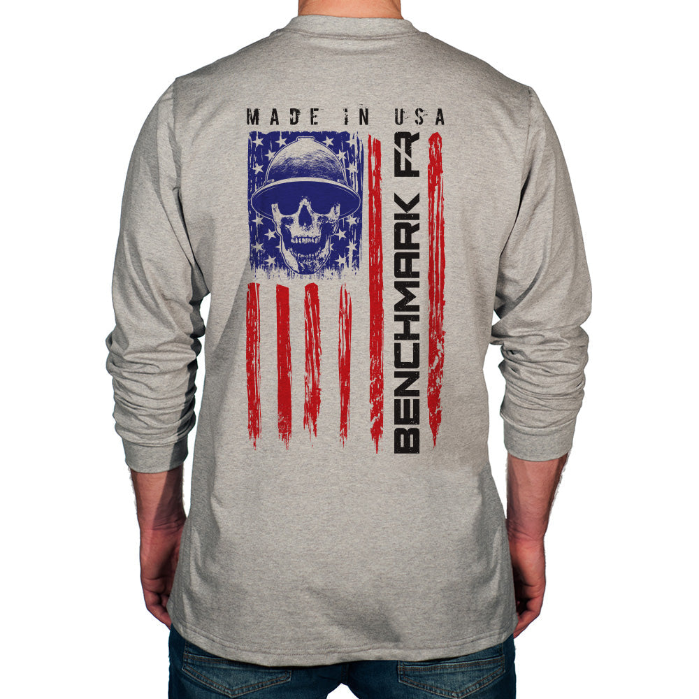 BENCHMARK FR-"SKULL FLAG" FLAME RESISTANT LONG SLEEVE SHIRT, LIGHT GRAY