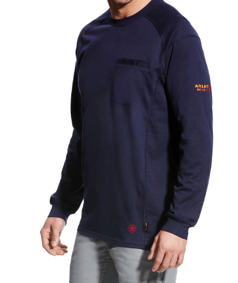ARIAT - FR AIR CREW LONG SLEEVE T-SHIRT - Light Weight Crew with Chest Pocket and Velcro Closure Rib-knit Collar and Cuffs - Navy